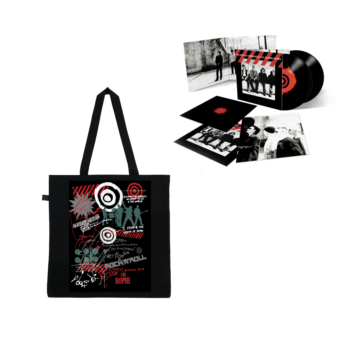 Love And Peace Tote + U2 ‘How To Dismantle An Atomic Bomb (20th Anniversary)’ Exclusive 2LP Black & Red Ink Spot Vinyl (Limited Edition)